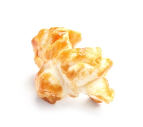 Delicious caramel popcorn on white background