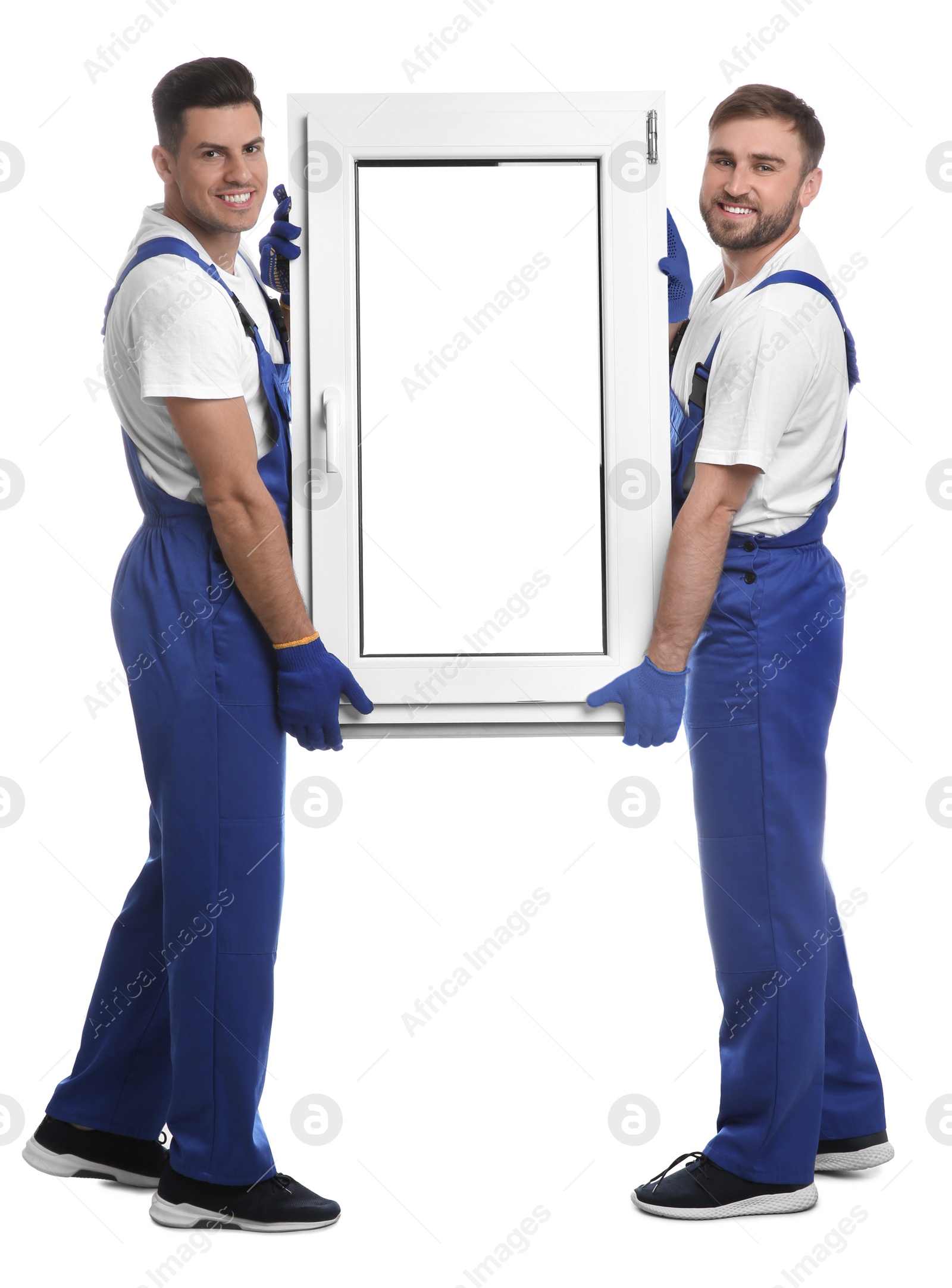 Photo of Workers with plastic window on white background. Installation service