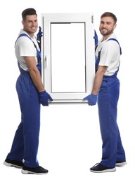 Photo of Workers with plastic window on white background. Installation service