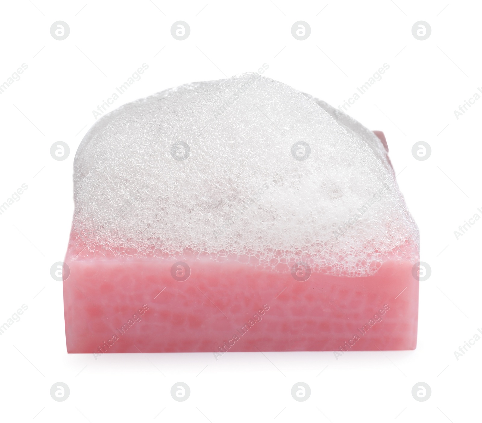 Photo of Soap bar with fluffy foam on white background