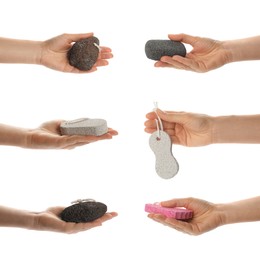 Collage with photos of women holding pumice stones on white background, closeup