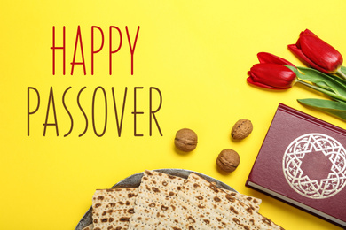 Image of Flat lay composition with matzos on yellow background. Passover (Pesach) celebration