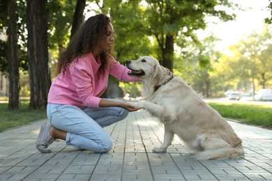 Photo of Young African-American woman and her Golden Retriever dog in park