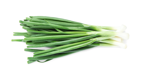 Photo of Fresh green spring onions isolated on white, top view