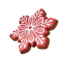 Tasty Christmas cookie in shape of snowflake isolated on white