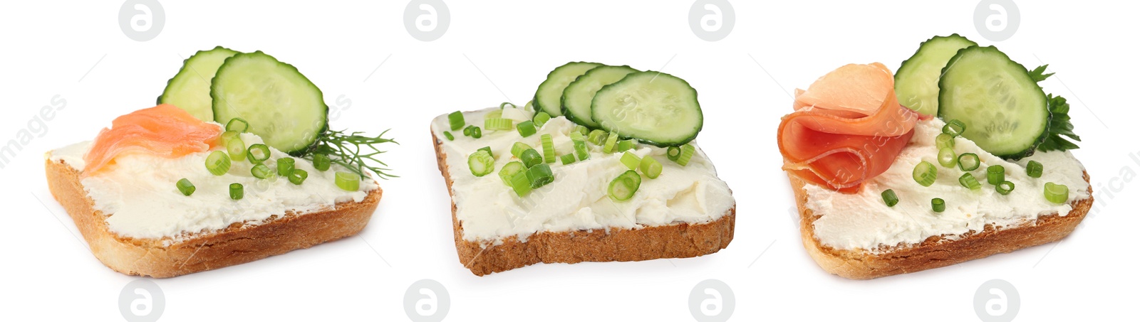 Image of Toasted bread with tasty cream cheese, salmon, prosciutto and cucumber on white background, collage. Banner design