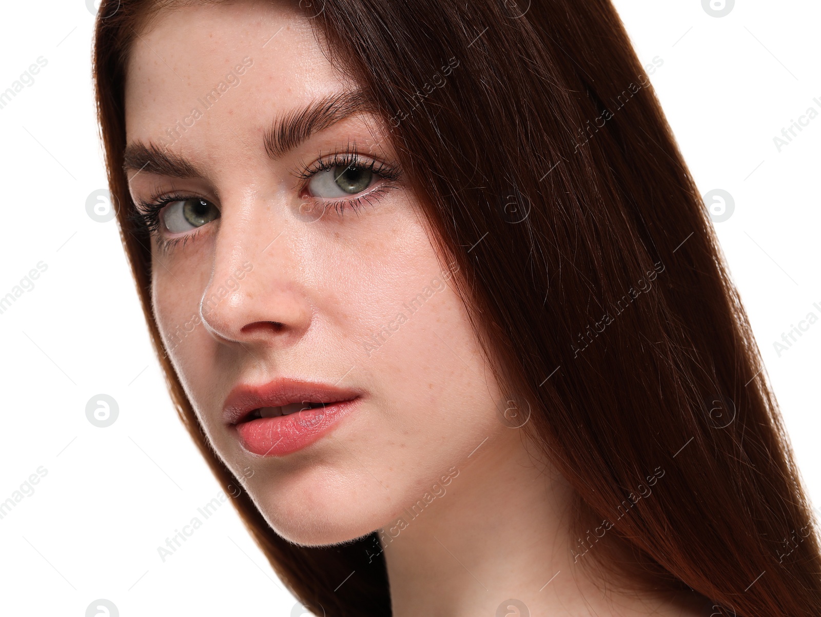 Photo of Portrait of beautiful woman with freckles on white background, closeup