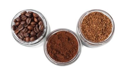 Photo of Jars with different types of coffee on white background, top view