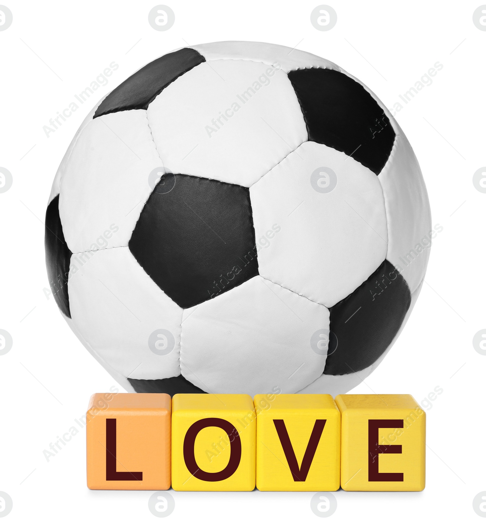 Photo of Soccer ball and cubes with word Love on white background