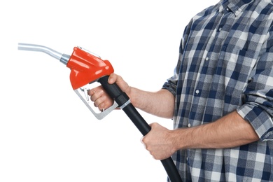 Photo of Man with fuel nozzle on white background, closeup. Gas station