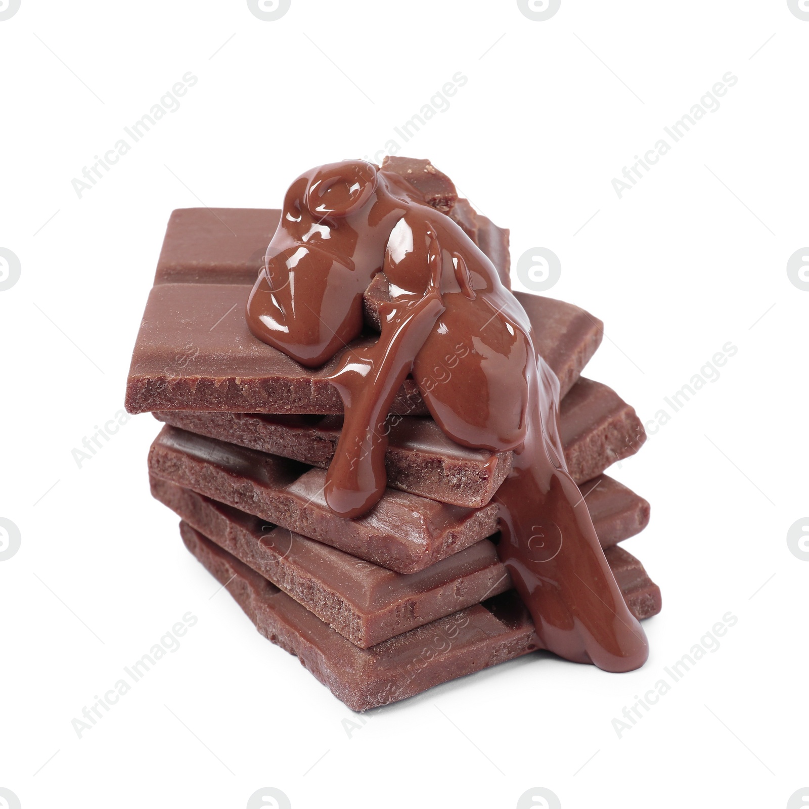 Photo of Pieces of milk chocolate with tasty paste isolated on white