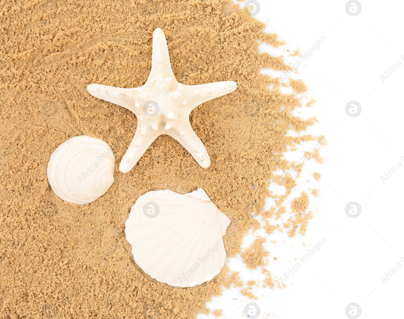 Photo of Composition with beach objects on white background, top view