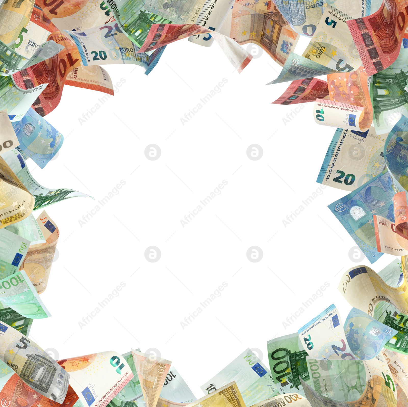 Image of Frame made of money on white background, space for text. Currency exchange