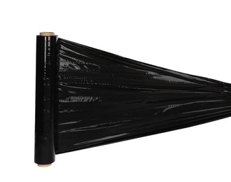 Photo of Roll of black plastic stretch wrap on white background