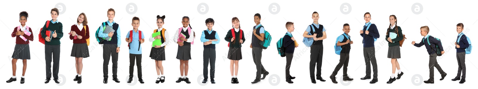 Image of Children in school uniforms on white background. Banner design