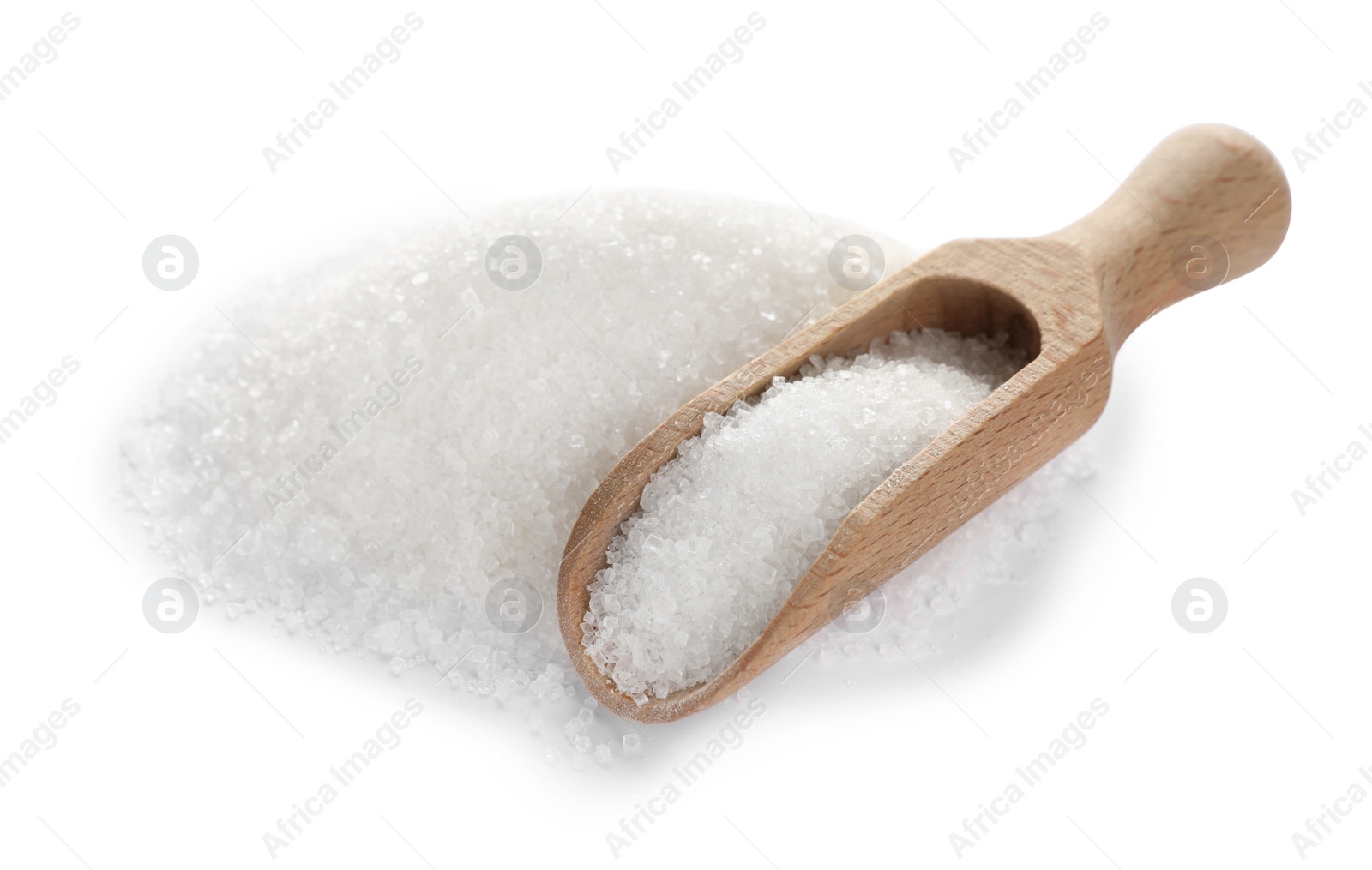 Photo of Wooden scoop and granulated sugar isolated on white