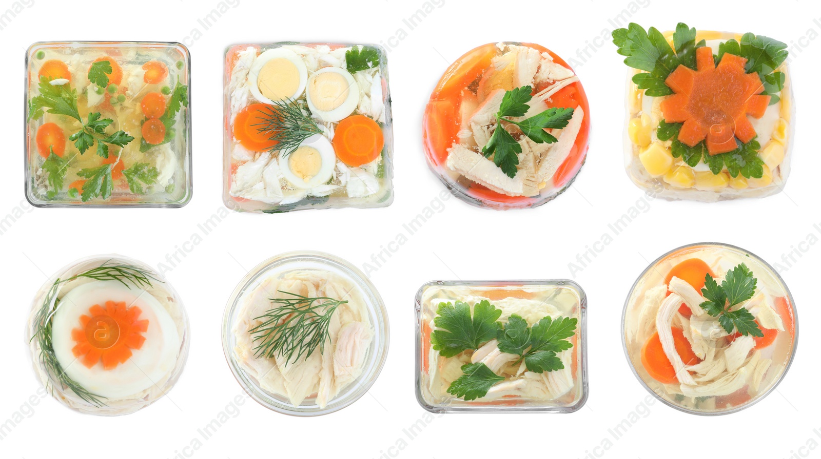 Image of Set with different delicious homemade aspics on white background, top view. Banner design