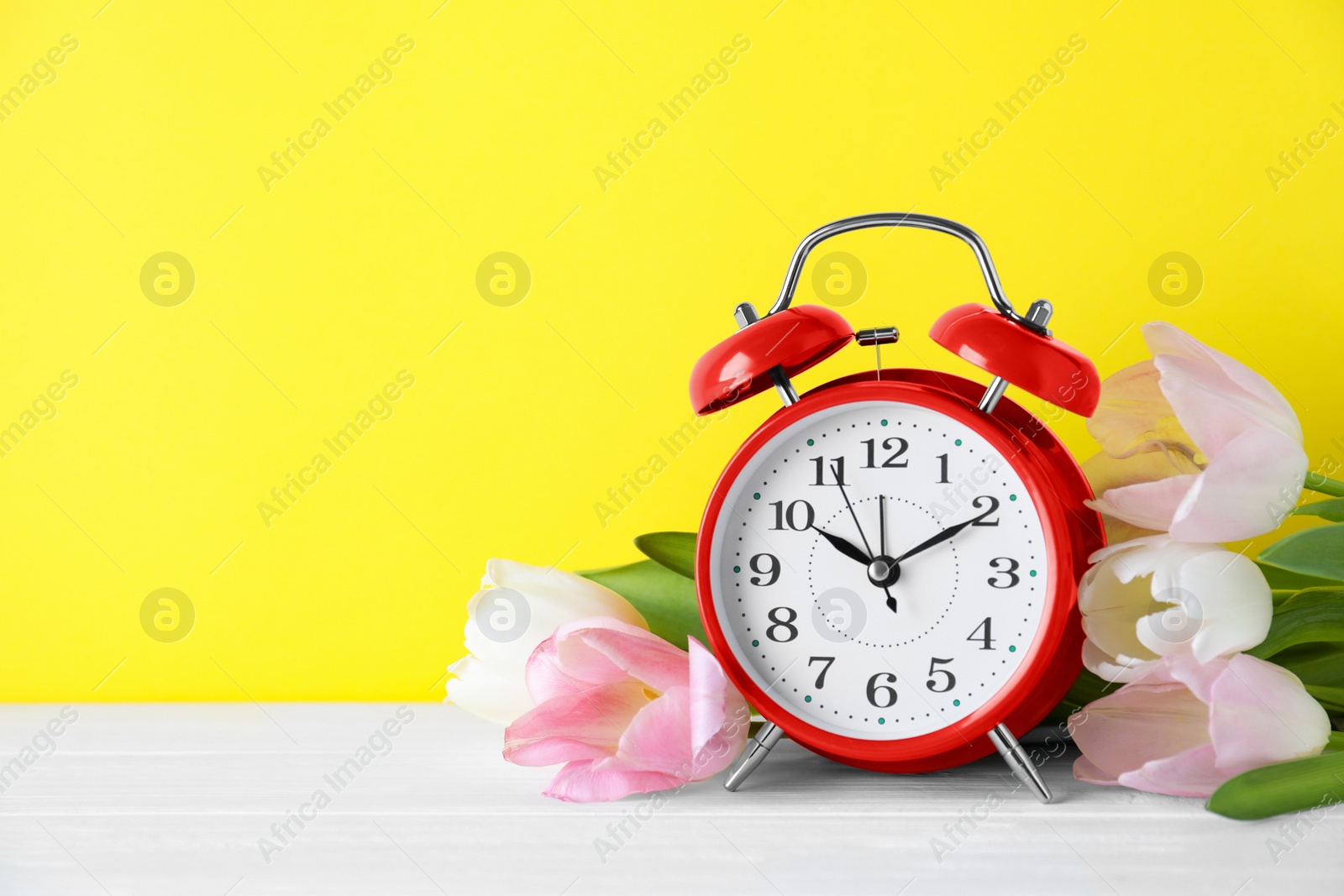 Photo of Red alarm clock and spring flowers on yellow background, space for text. Time change