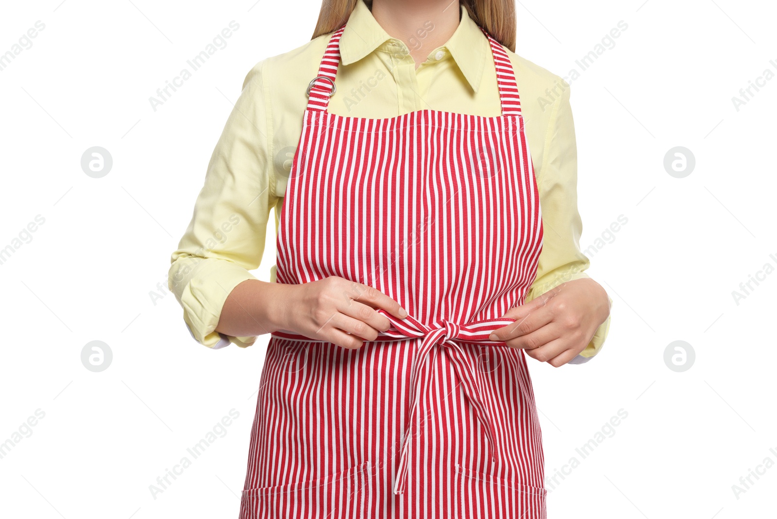 Photo of Woman in clean striped apron on white background, closeup