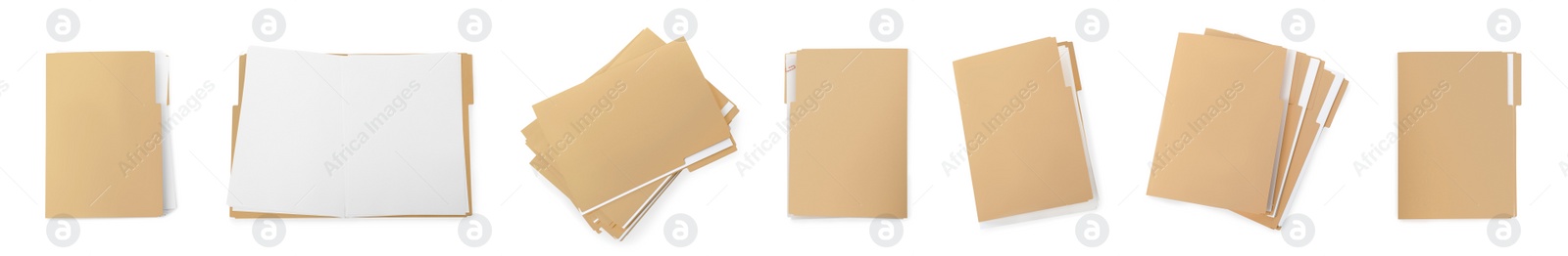 Image of Set of files with documents on white background, top view. Banner design