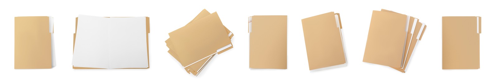 Image of Set of files with documents on white background, top view. Banner design