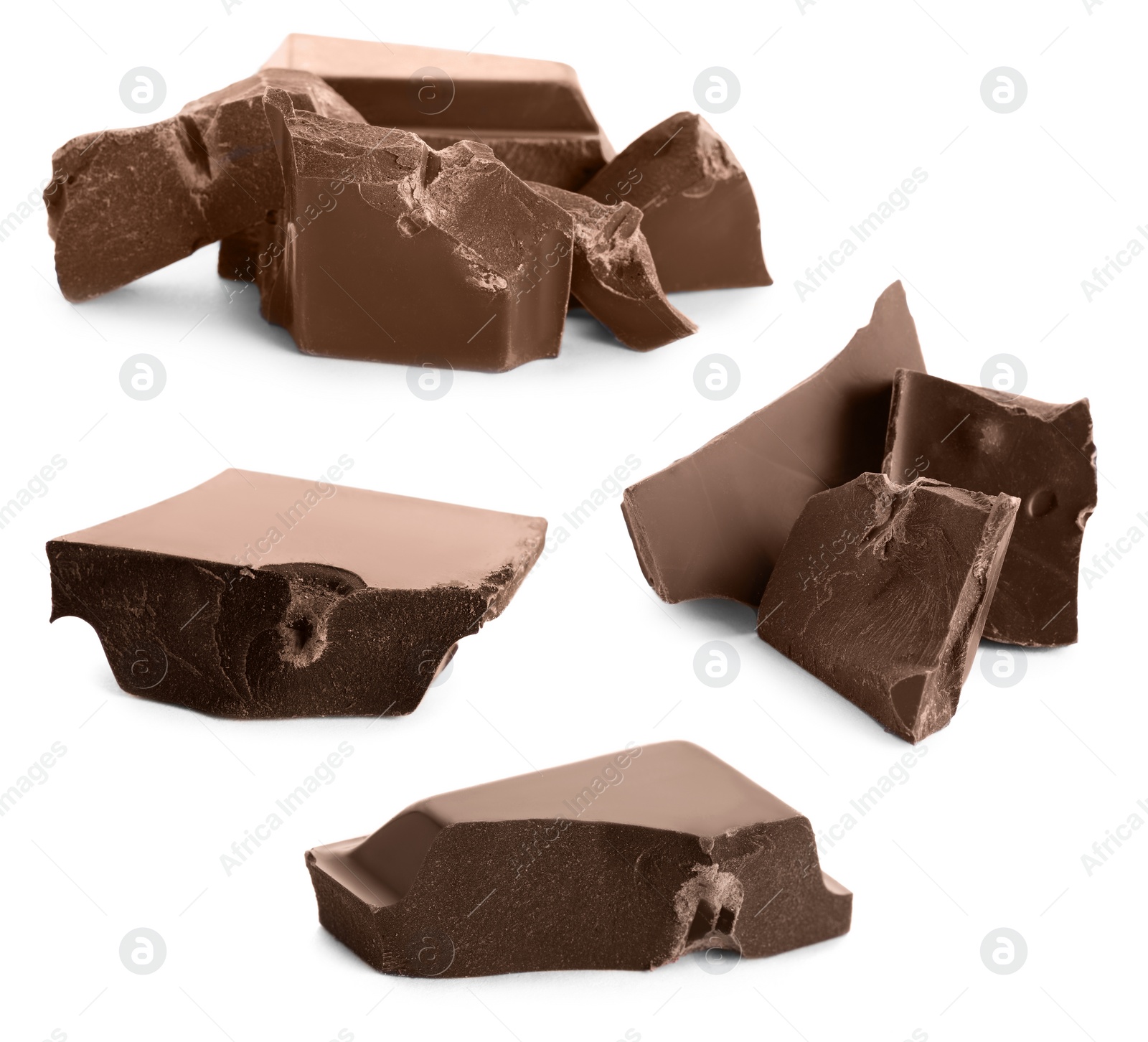 Image of Set with delicious milk chocolate chunks on white background