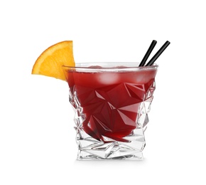 Glass of Red Cosmo cocktail on white background. Traditional alcoholic drink