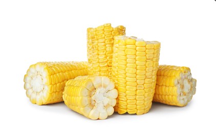 Photo of Pieces of fresh corncobs on white background