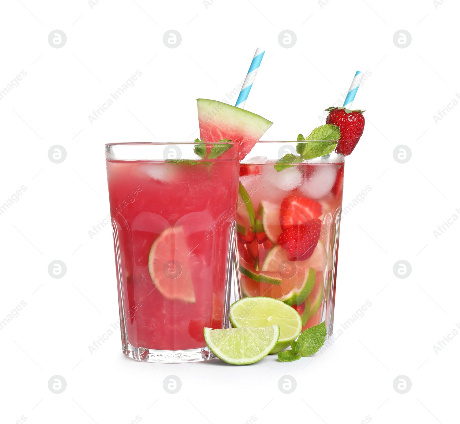 Photo of Glasses of tasty refreshing drinks on white background