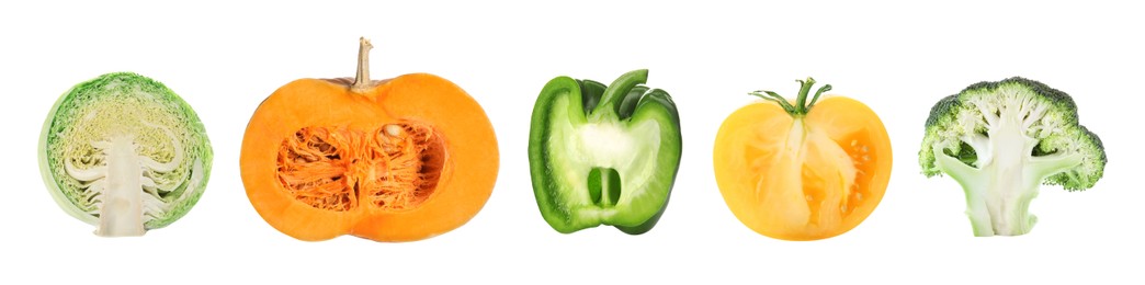 Image of Collection of different fresh vegetables on white background. Banner design