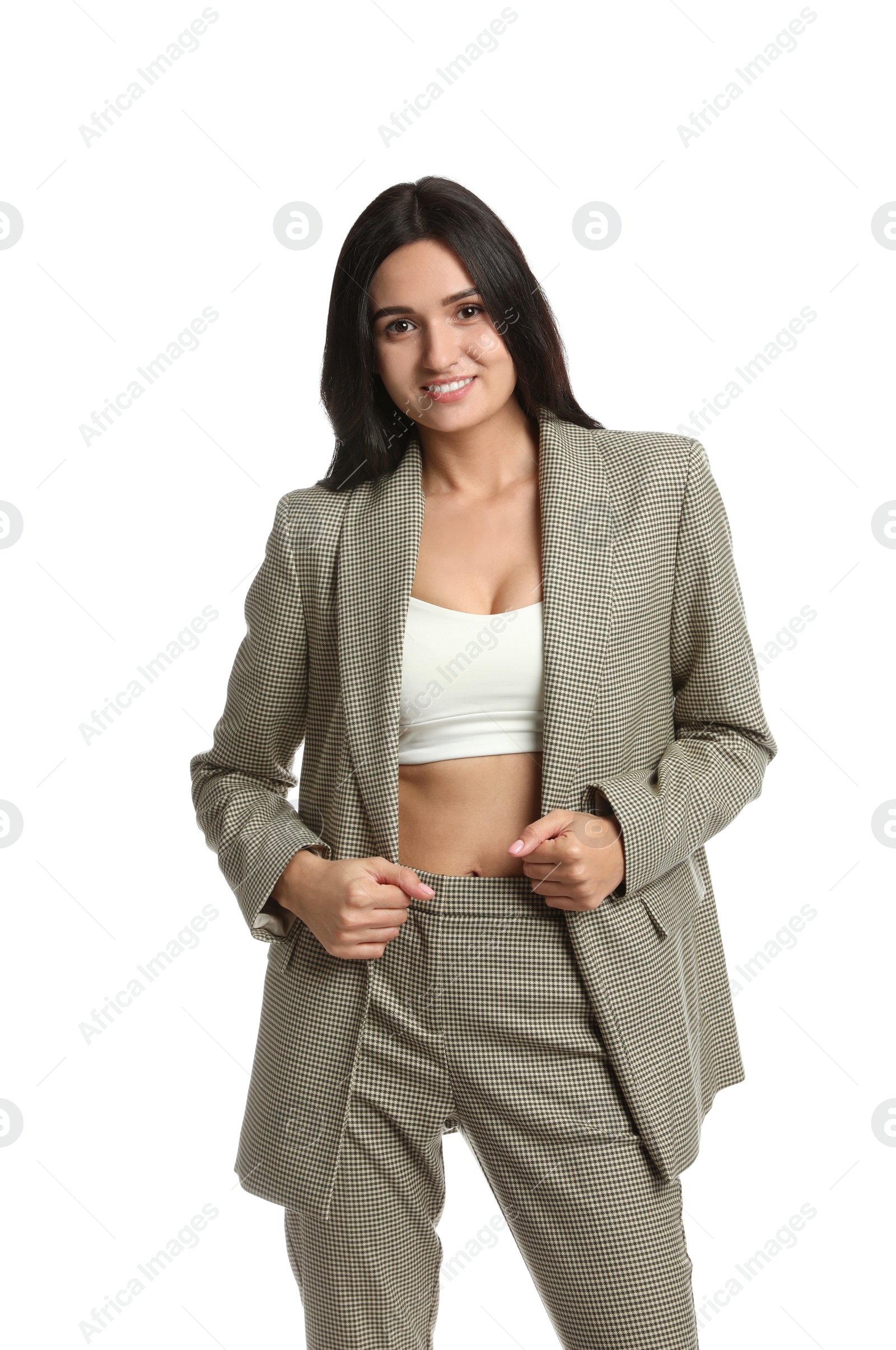 Photo of Beautiful woman in formal suit on white background