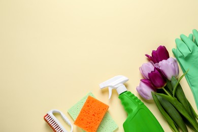 Spring cleaning. Detergent, flowers, brush, sponge and rag on beige background, flat lay. Space for text