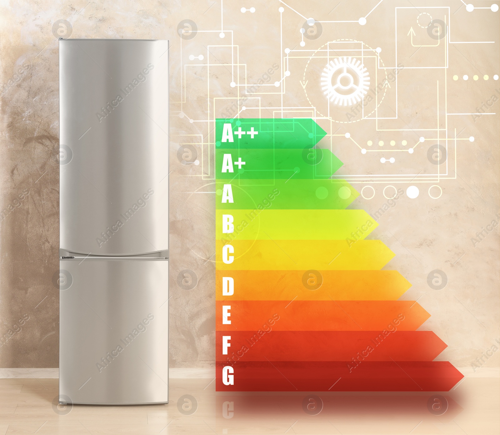 Image of Energy efficiency rating label and refrigerator indoors