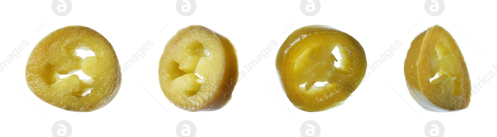 Image of Set with pickled green jalapeno peppers on white background. Banner design