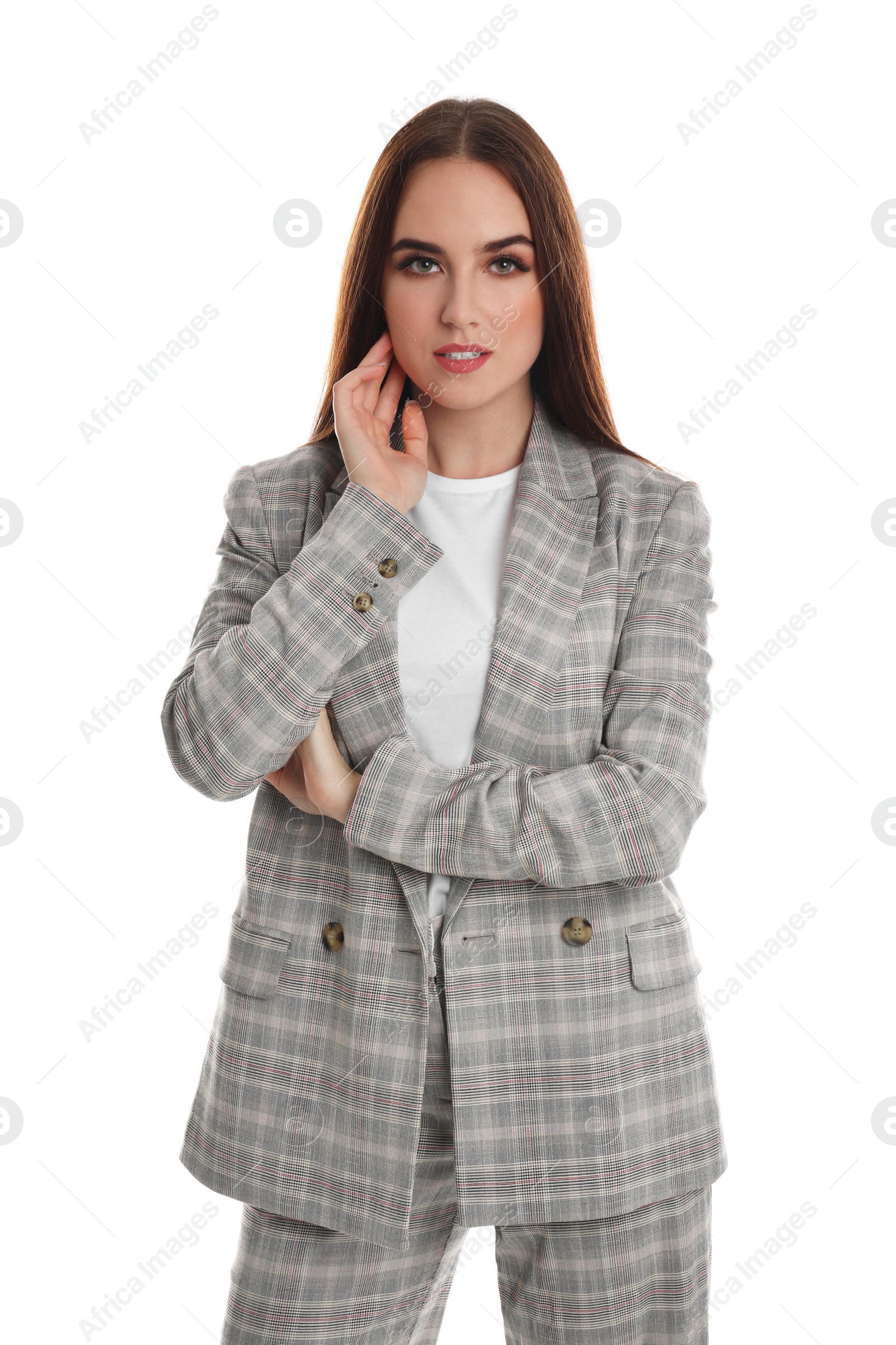 Photo of Portrait of young businesswoman on white background