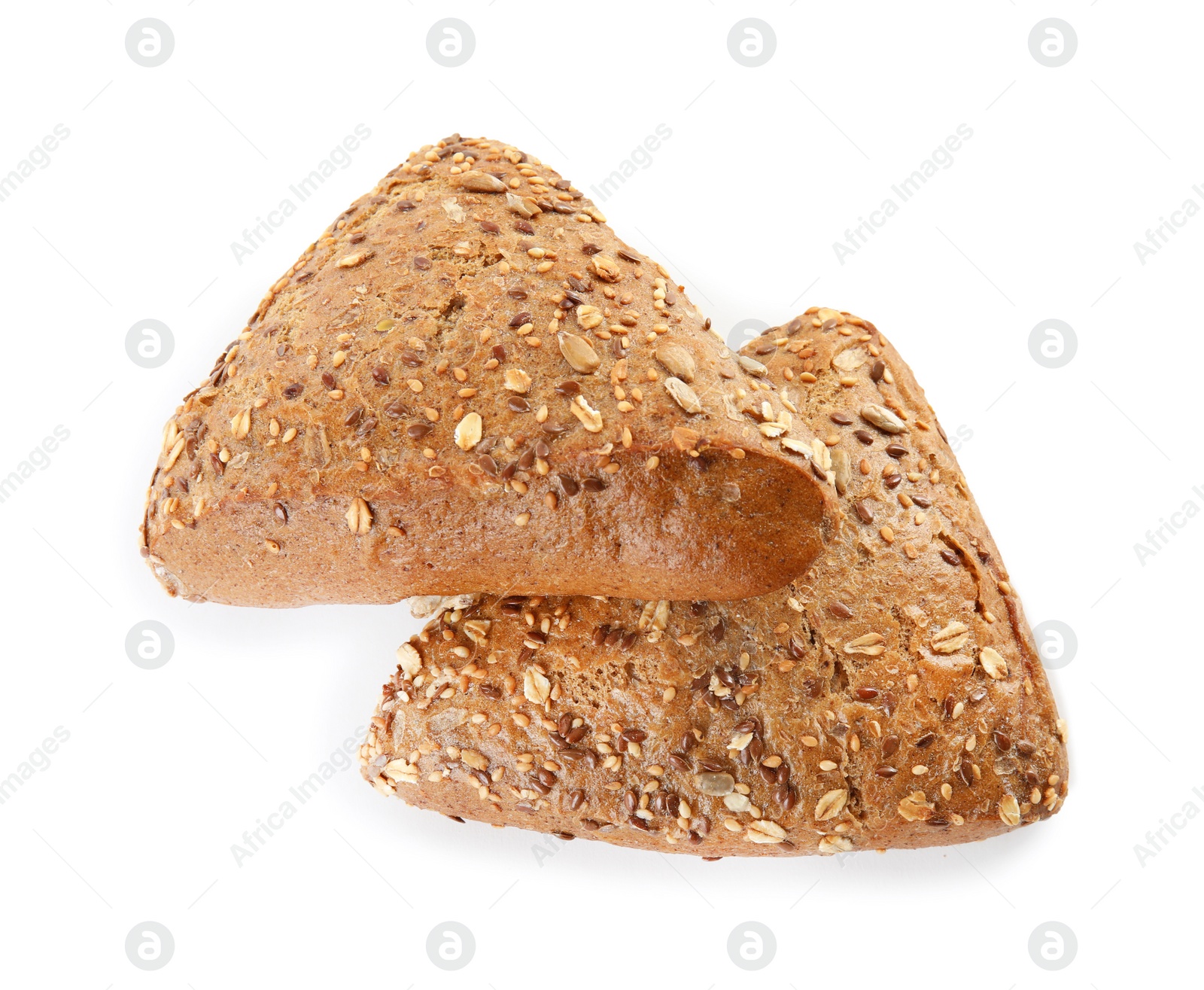 Photo of Triangle buns with seeds isolated on white. Wholegrain bread