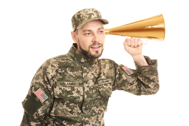 Photo of Military man with megaphone on white background