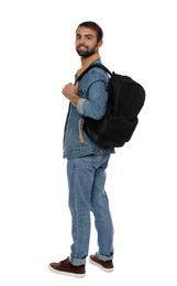 Happy student with backpack on white background