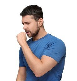 Photo of Man coughing on white background. Sore throat