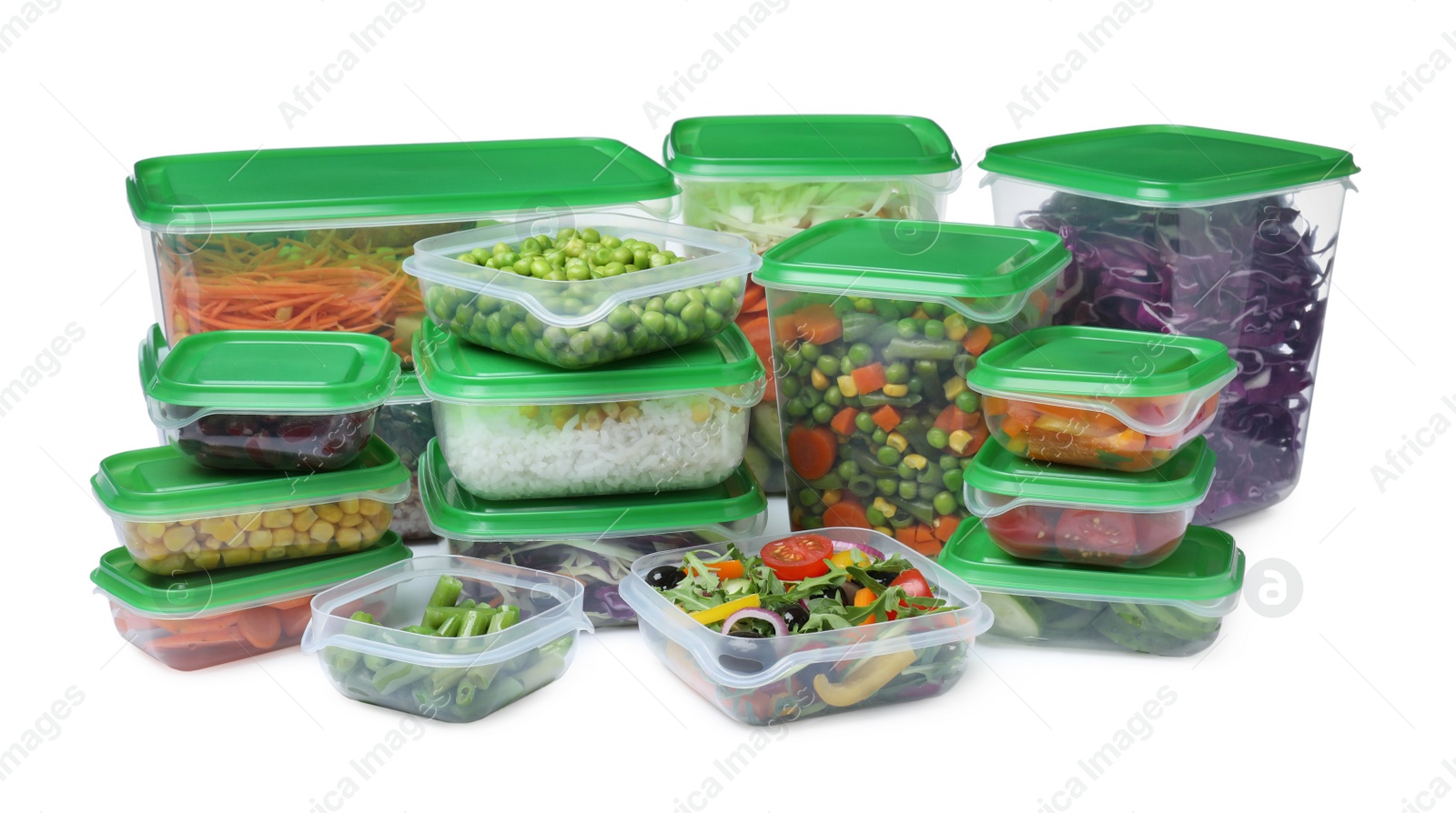 Photo of Plastic containers with fresh food on white background