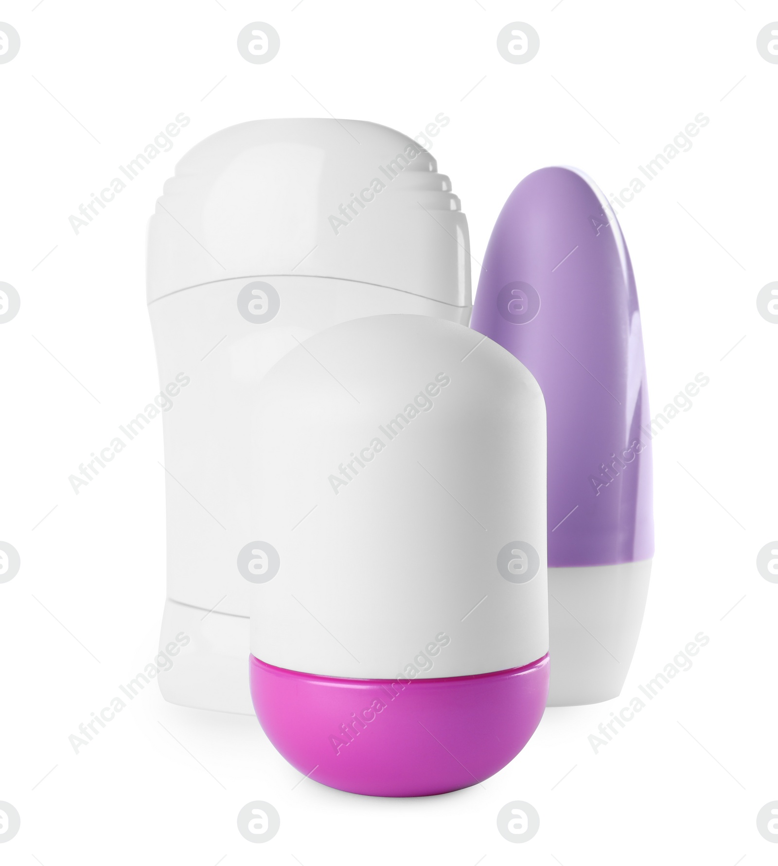 Photo of Different female deodorants on white background. Skin care