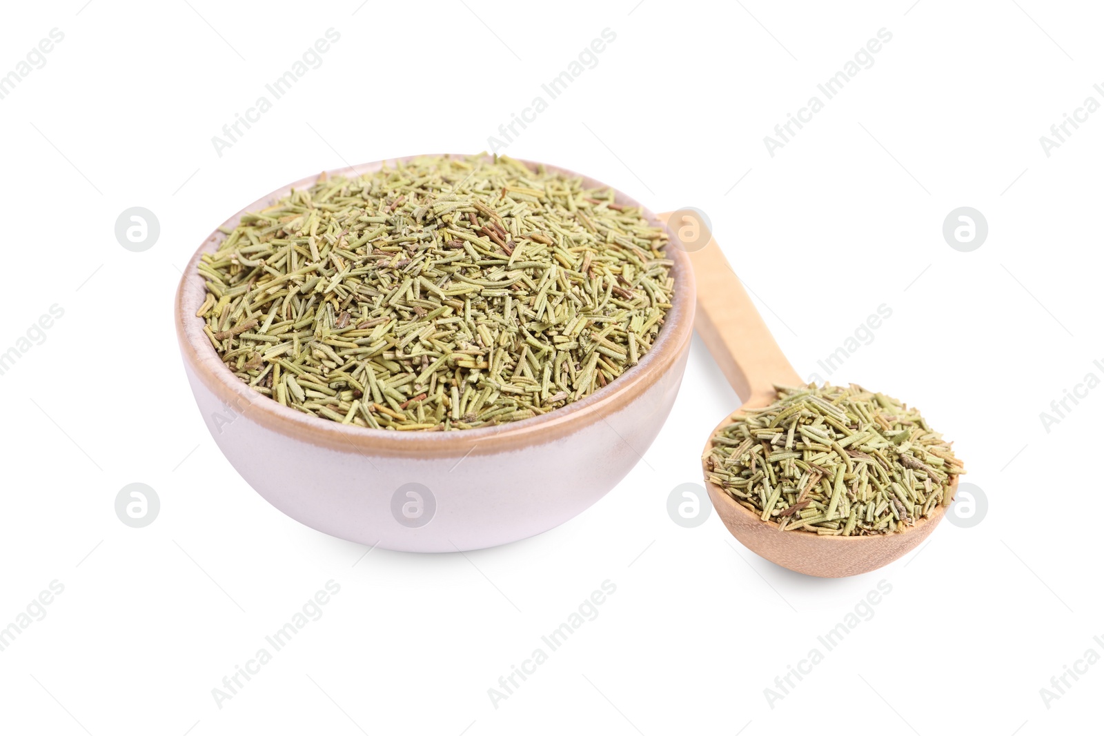 Photo of Spoon and bowl of dry rosemary isolated on white