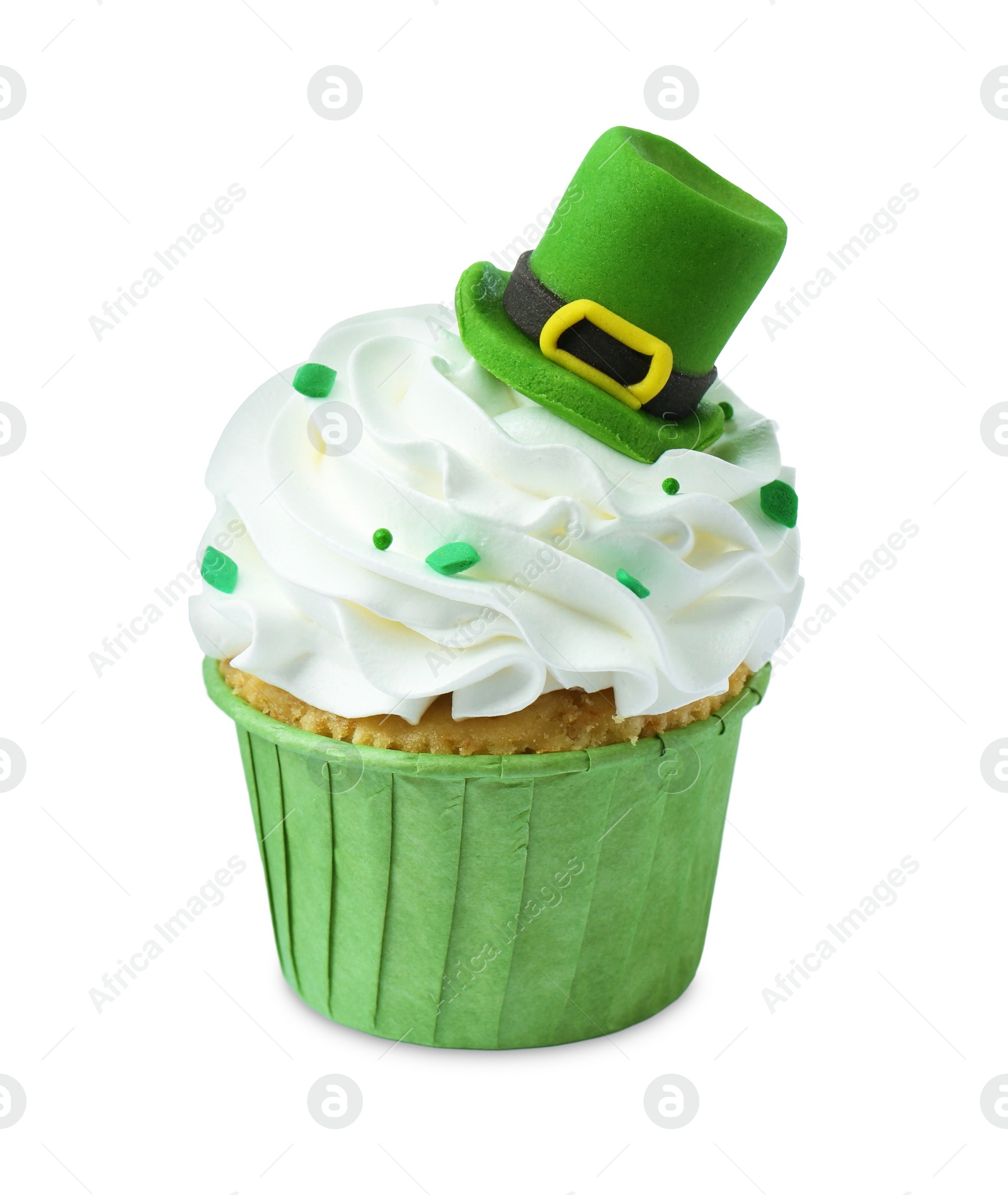 Photo of St. Patrick's day party. Tasty cupcake with green leprechaun hat topper and sprinkles isolated on white