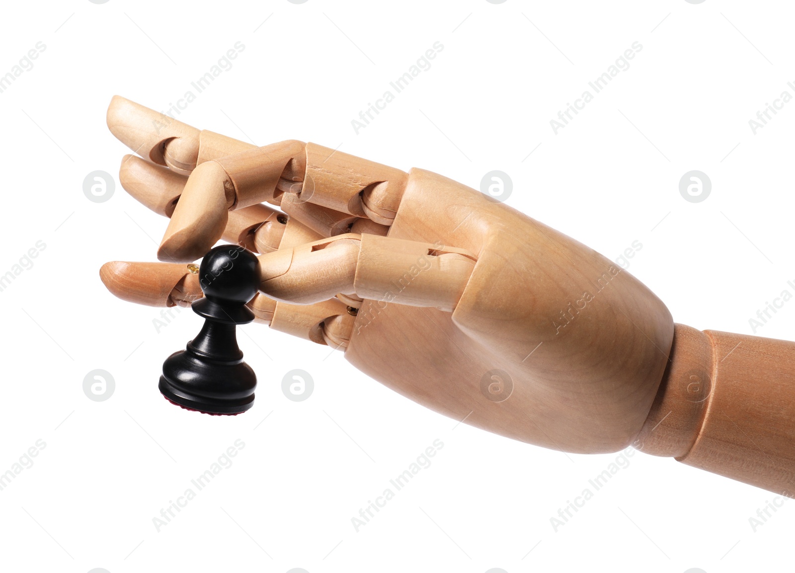 Photo of Robot with pawn isolated on white. Wooden hand representing artificial intelligence playing chess
