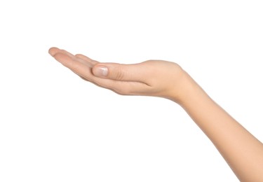 Photo of Woman holding something on white background, closeup of hand