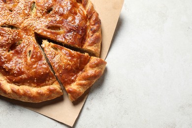 Photo of Cut delicious homemade pie on light grey table. Space for text