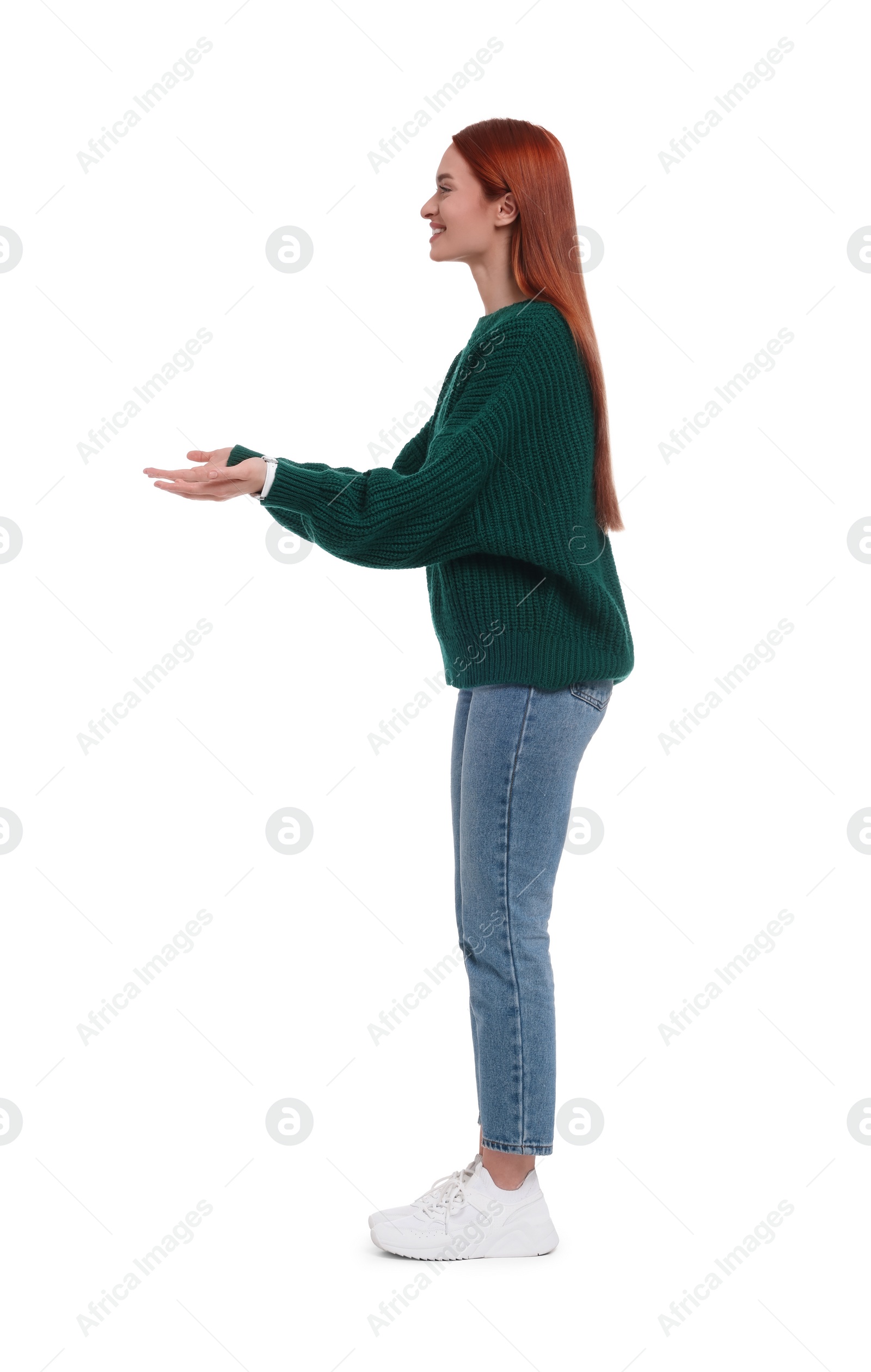 Photo of Portrait of happy woman on white background