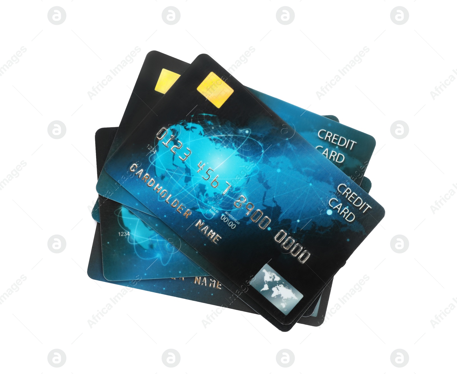 Photo of Blue plastic credit cards on white background