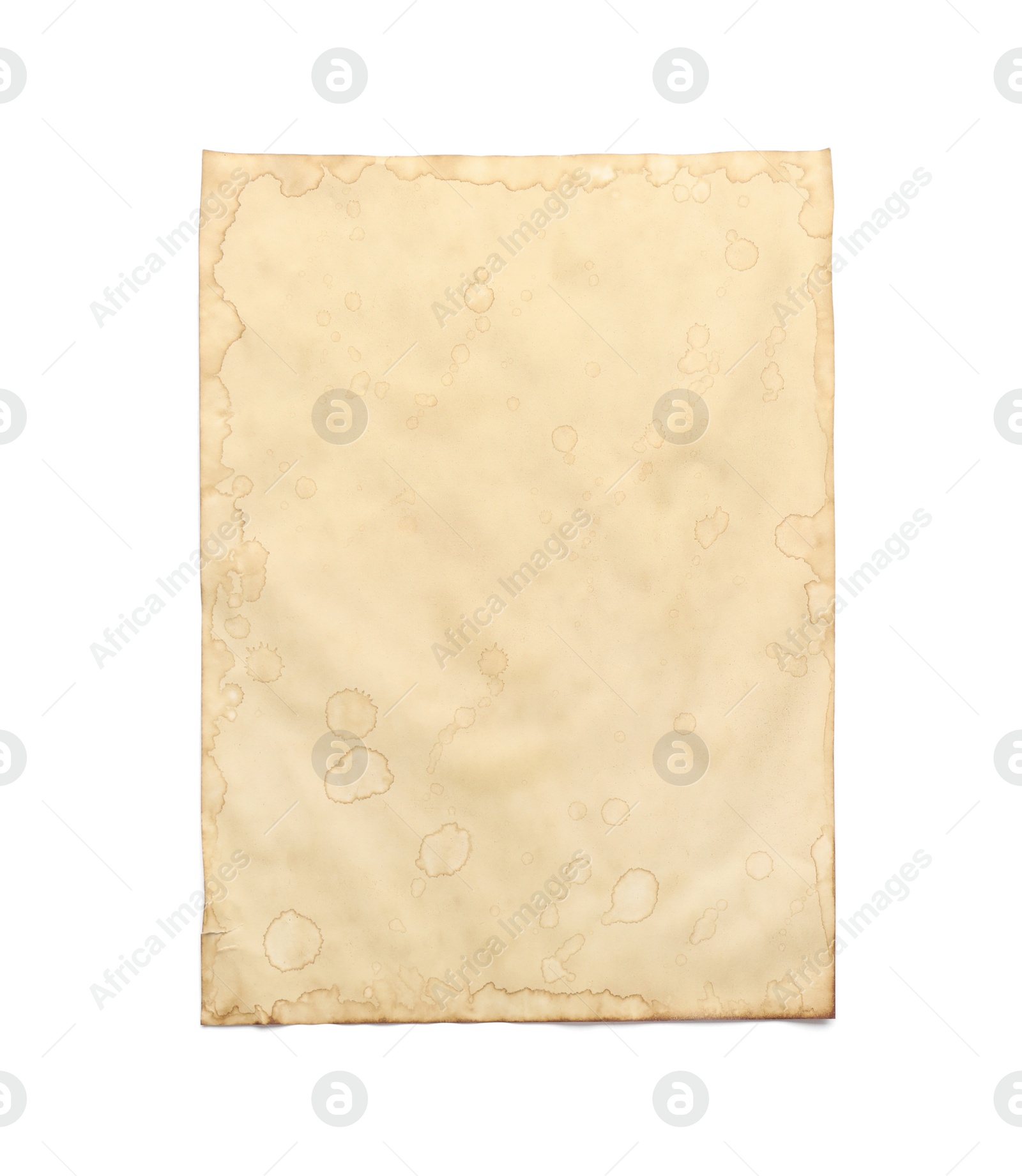 Photo of Sheet of old parchment paper isolated on white, top view. Space for design