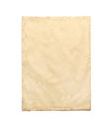 Photo of Sheet of old parchment paper isolated on white, top view. Space for design